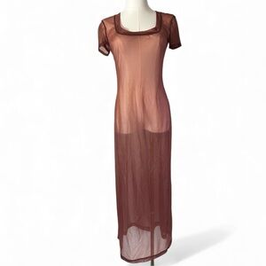 Y2K ABS Brown Sheer Mesh Square Neck Maxi Dress Whimsigoth Fairy Grunge Size SP